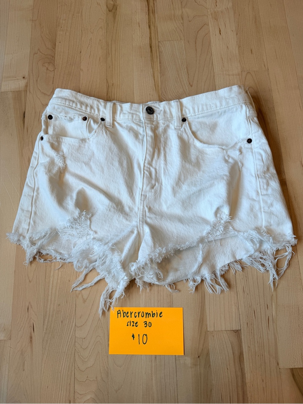 Abercrombie & Fitch White Distressed Frayed-Hem Denim Shorts